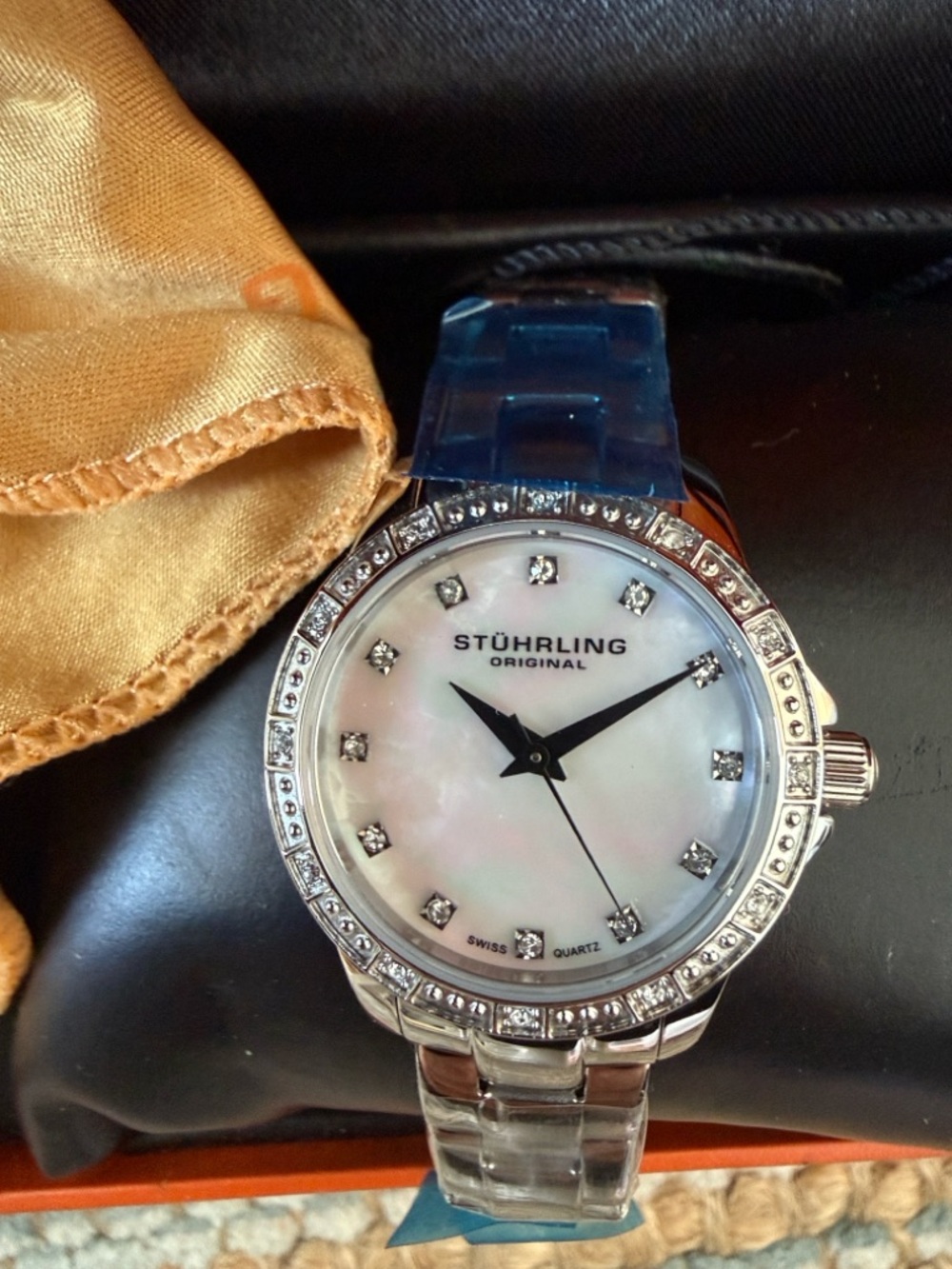 Stuhrling Original Silver Watch with Mother-of-Pearl Dial and Crystals
